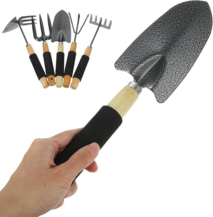 5pcs Garden Tool Set with Large Shovel 3-Prong Hand Rake Two-Ended Hoe and 5-Tooth Cultivator for Planting and Landscaping Portable Gardening Hand Tools Kit for Patio and Lawn