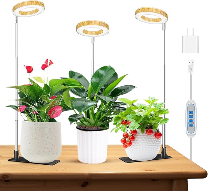 Kullinss Grow Light 48 LEDs Full Spectrum Plant Lights for Indoor Growing with Base Wood Grain Small Plant Growing Lamp with 6/12/16H Timer 3 Color Modes 5 Brightness 6.5-26 Height Adjustable