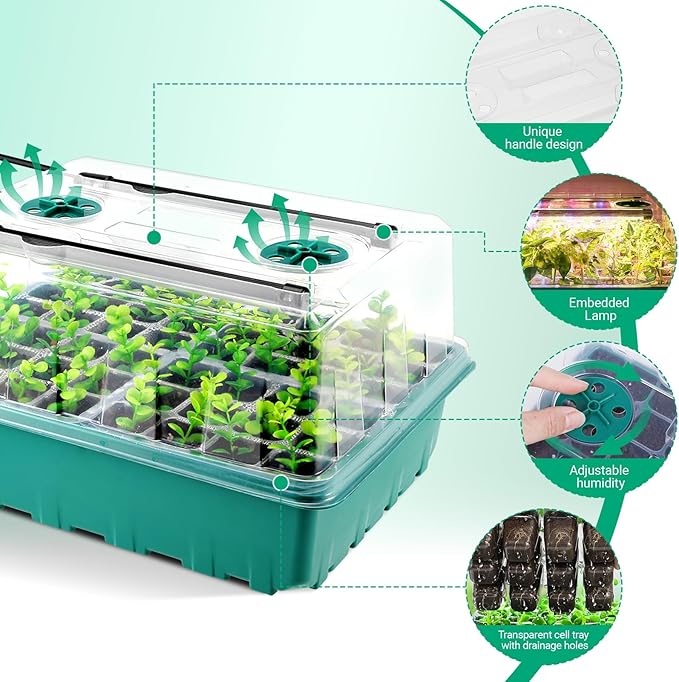 96 Cell Seed Starter Tray with Grow Light Seed Starting Trays with Adjustable Humidity Dome Seed Starter Kit Plant Starter Kit for Seeds Growing Starting Indoor Gardening (Self-Watering)