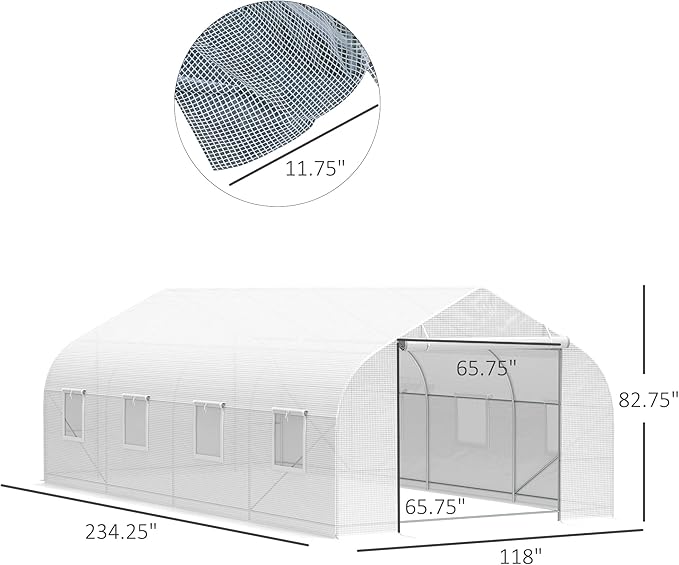 Outsunny 20' x 10' x 7' Tunnel Greenhouse Large Walk-in Warm House Deluxe High GardenHot House with 8 Roll Up Windows &amp Roll Up Door Steel Frame White