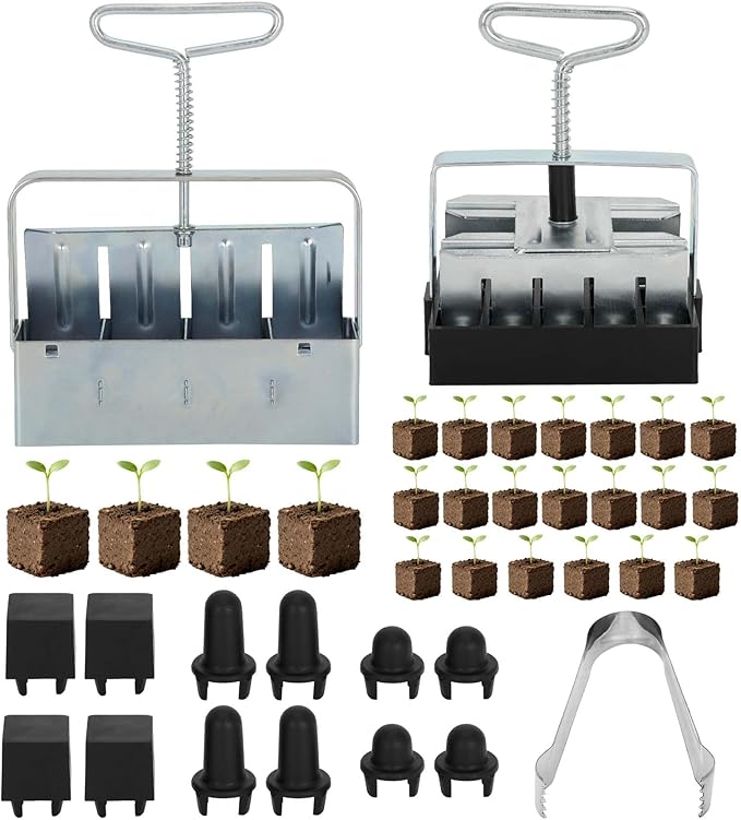 Soil Block Maker 6-Piece Set Includes 2-Inch 4-Cell And 3/4-Inch 20-Cell Soil Block Makers 3 Types Of Seed Pins Growth Tweezers Handheld Tools For Seed Starting In Greenhouse Garden And Farm Use