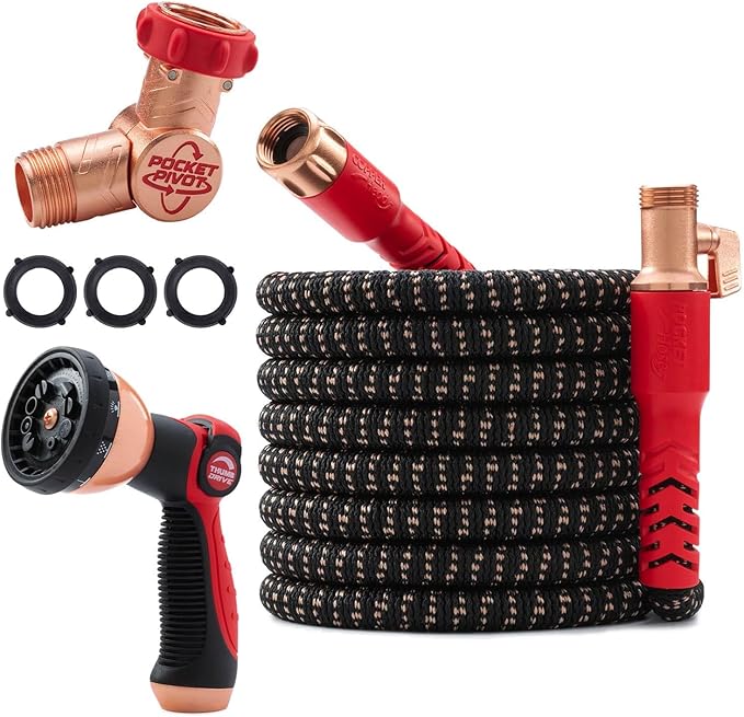 Pocket Hose 75 FT Copper Head Expandable Garden Hose with Pocket Pivot No Tangles AS SEEN ON TV 360° Swivel Tri-Tex Tubing Force Field Jacket Lead-Free No-Kink Anti-Burst w/APT