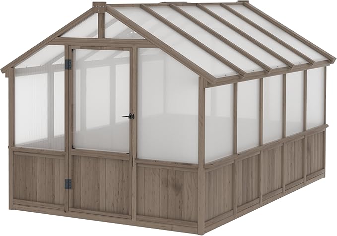 VEIKOU 8x10FT Greenhouses for Outdoors Walk-in Wooden Greenhouse with Cedar Frame &amp Adjustable Vent Garden Green House with 6MM Thick Polycarbonate Panel for Outside Backyard Light Brown Mocha