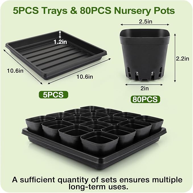 80Pcs 2.5inch Square Nursery Pots with 5Pcs Seed Starting Trays Seed Starter Tray Kit Seeds Starting Germination Seeding Pots with Drain Holes Small Plant Nursery Propagation