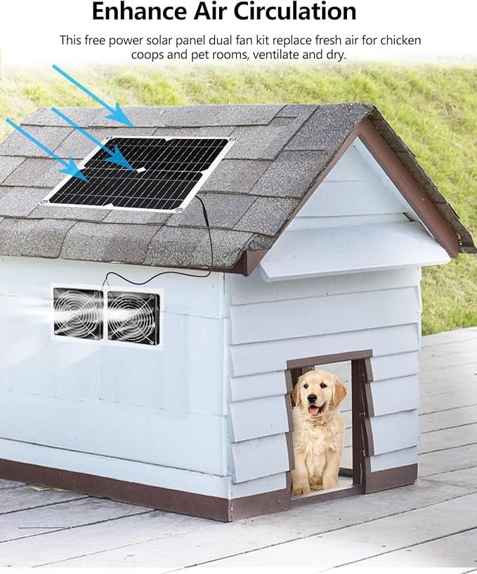WININMETA Solar Powered Fan 25W Solar Fan for Chicken Coop Solar Exhaust Fan for Greenhouse Shed Pet Houses Outside with Two 5In IP65 Waterproof Fans 10Ft Cable On/Off Switch Intake or Exhaust
