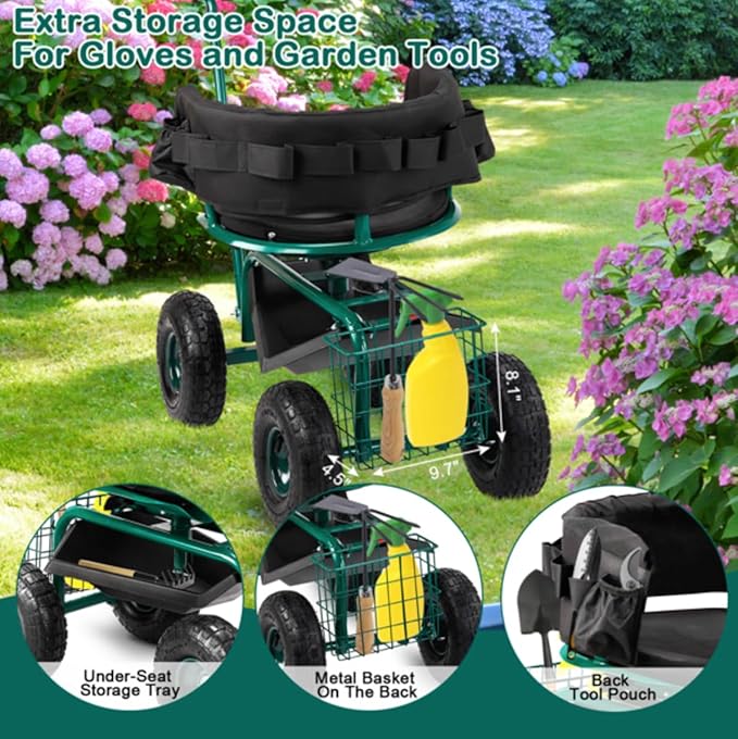 Rolling Garden Cart with Cushioned Backrest &amp Seat Outdoor Gardening Stool for Planting Garden Scooter with 360 Degree Swivel Seat &amp Steering Handle &amp Tool Tray (Backrest Seat+Handle Gre