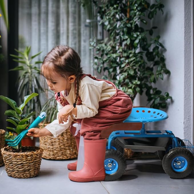 Rolling Garden Cart with Resting Seat Outdoor Patio Gardening Stool for Planting Garden Scooter with 360 Degree Swivel Seat &amp Tool Tray for Longer Hours of Horticulture (Blue Seat)