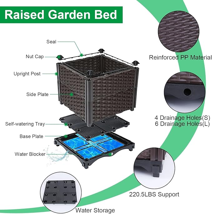 Raised Garden Bed 12x12x14 Rattan Pattern Garden Bed Plastic Planter Garden Boxes Outdoor with Self-Watering System for Flowers Vegetables Herbs for Garden Patio Balcony