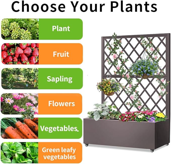 Metal Planter Box with Privacy Screen TrellisGalvanized Raised Garden Bed On Wheels for Climbing Plants Vines Standing Garden Flower Bed with Drainage Holes(Espresso 35 L x16 W x 55 H)
