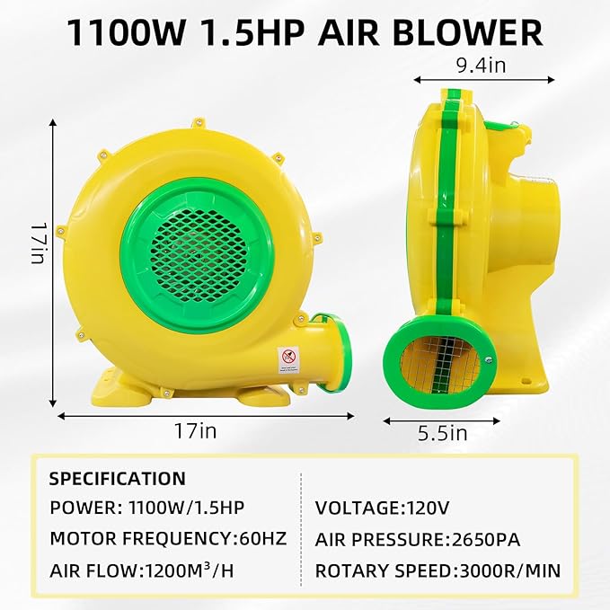 1100Watt/1.5HP High Power Air Blower for Large Inflatables GONFLABLE Inflatable Bounce House Blower Portable Fan Pump Leaf Blower Corded Commercial for Bouncy Castle Jumper Water Slide