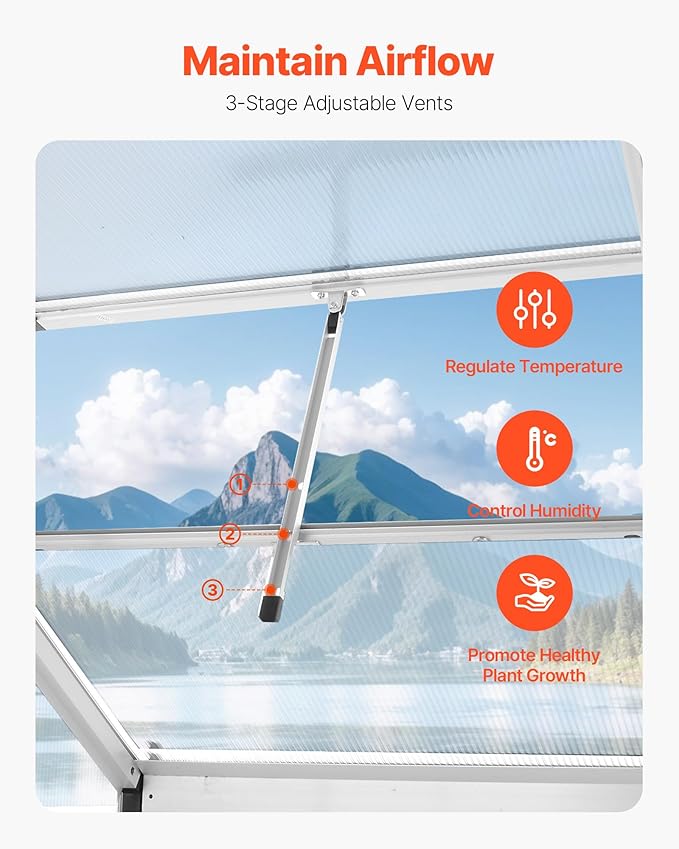VEVOR Polycarbonate Greenhouse 6 x 4 Ft Outdoor Greenhouse with Adjustable Vent Windows Pavilion Styled Green House with Sliding Door Aluminum Large Walk-in Greenhouses Kit for Garden Backyard