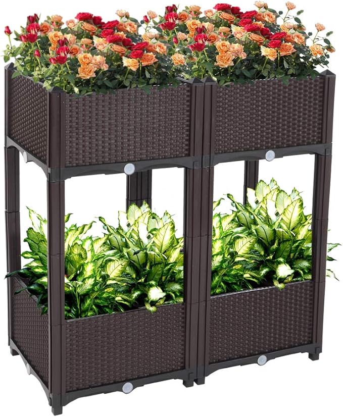 Planter Raised Beds KitsGarden Bed with Self Watering Planter Box and Drainage Plugfor Flowers Vegetables and Garden Patio Balcony Restaurant Easy Assembly (Set of 4Brown)