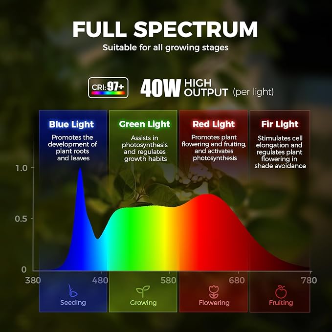 Barrina TR40a Track Grow Lights for Indoor Plants 15°-60° Adjustable Beam Angle 40W 4000K Full Spectrum LED Plant Light High PPFD Spotlight Grow Lamps with Timer for House Plants 1-Pack Black