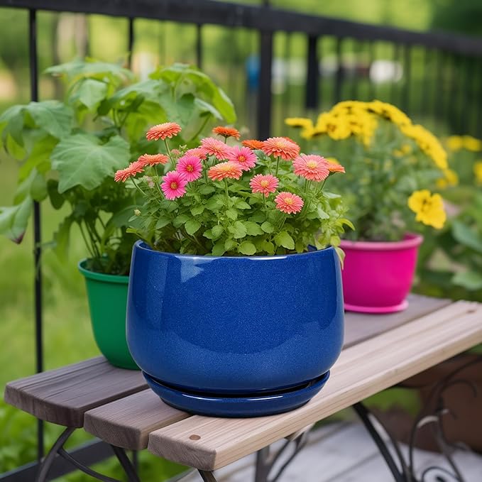 G EPGardening Ceramic Pots for Plants 9 Inch Modern Round Planter with Drainage and Tray Indoor Outdoor for Flower Patio Decor Housewarming Gifts Blue