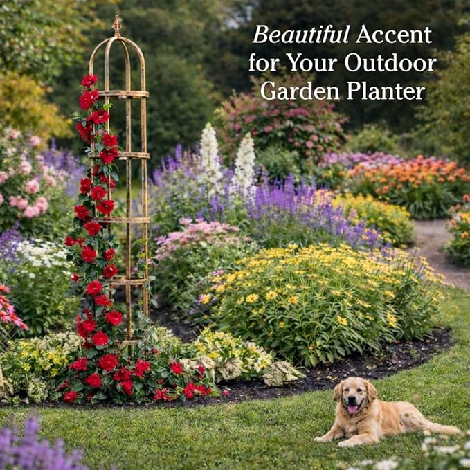 Plow &amp Hearth Metal Garden Obelisk | Indoor/Outdoor | Powder-Coated Steel | Trellis for Climbing | Floral Pattern | 11 Dia. x 7'H | Bronze