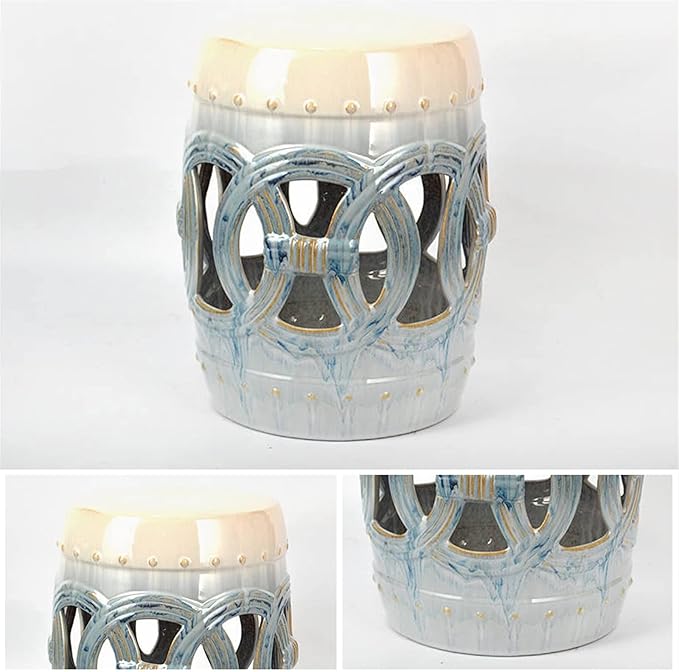 Decorative Garden stools Decorative Ceramic Garden Stool Hollow Out Laicai Copper Money Round Stool Suitable for Living Room Balcony Garden Etc(Antique Dark Blue)