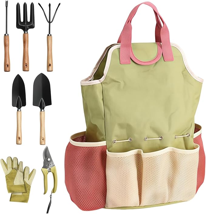 9 Pcs Hand Garden Tool Sets Gardening Gifts for Women &amp Men with Wooden Handles Includes Transplanter Hand Fork Hand Rake Trowel and Tote Bag