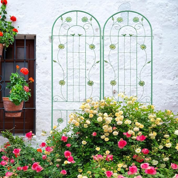 Sturdy Powder-Coated Metal Garden Trellis for Climbing Plants – Rust-Resistant Outdoor Flower Support with Elegant Lattice Design (2 Pack-Green)