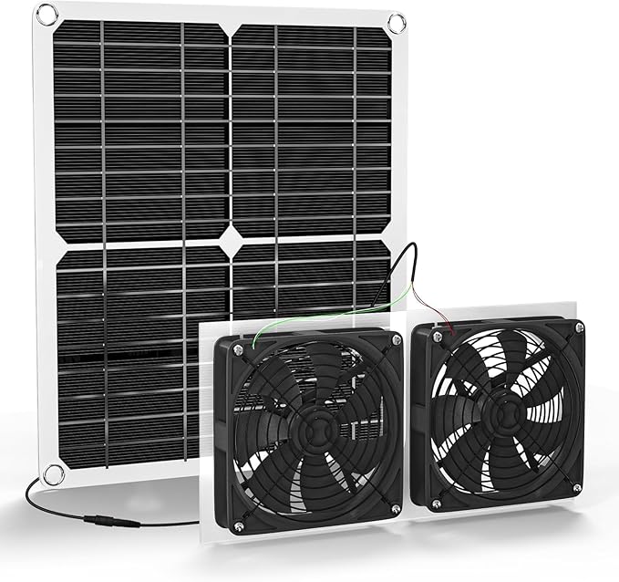 WININMETA Solar Powered Fan 25W Solar Fan for Chicken Coop Solar Exhaust Fan for Greenhouse Shed Pet Houses Outside with Two 5In IP65 Waterproof Fans 10Ft Cable On/Off Switch Intake or Exhaust