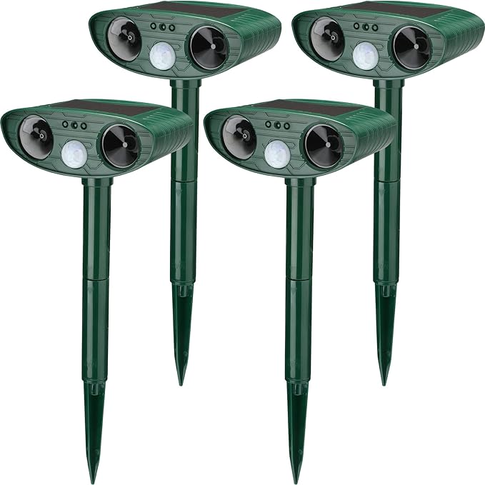 Ultrasonic Animal Repeller Outdoor Solar Ultrasonic Repellent Animal Deterrent with Motion Sensor Waterproof Deterrent Scarer Repel Cat Dog Squirrel Raccoon Skunk Rats (Green4 Pack)