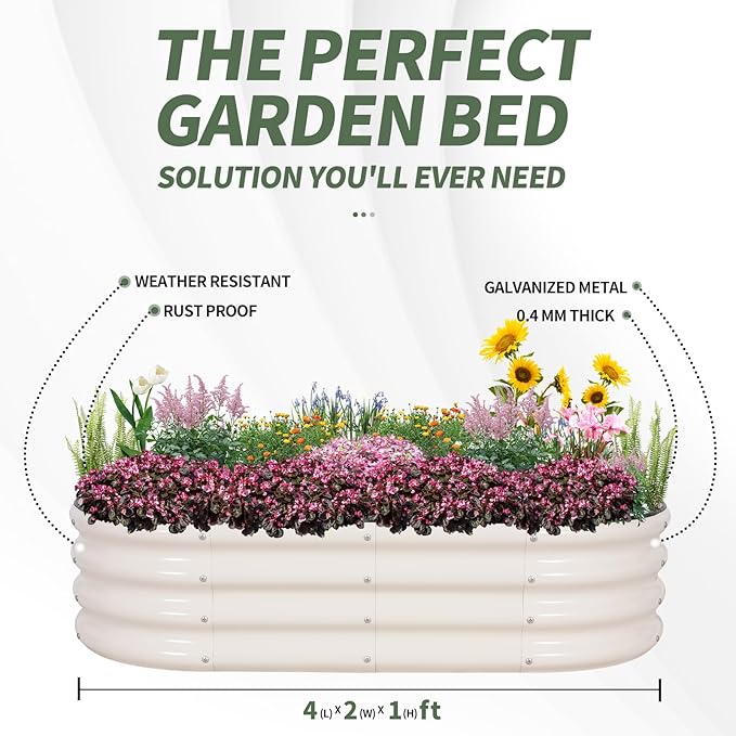 1MORE Galvanized Raised Garden Bed- Planter Garden Boxes Outdoor Raised Beds for Gardening 4x2x1ft Metal Garden Bed Kit for Vegetables Flower Planter Raised Beds with Protective Tape &amp Tools.Wh