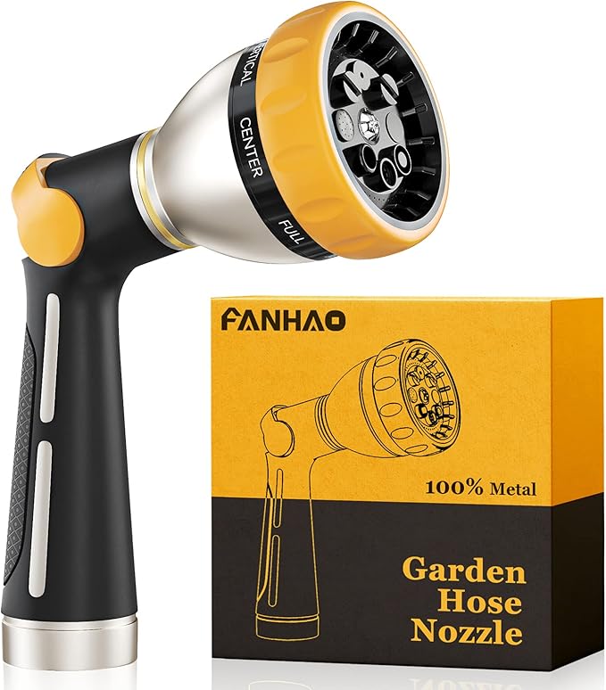 FANHAO Garden Hose Nozzle 100% Heavy Duty Metal Spray Nozzle with Thumb Control High Pressure Water Nozzle with 8 Adjustable Spray Patterns for Watering Plants Washing Cars and Showering Pets