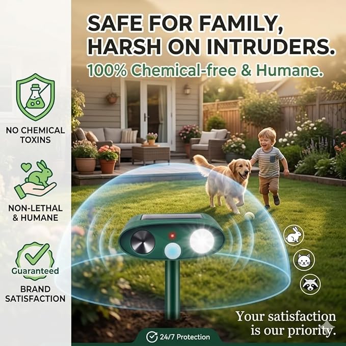 2026 Upgraded Sonic Fortress Pro Deer Repellent Outdoor Solar Ultrasonic Animal Repellent with Motion Sensor&ampFlash Light-IP65 Waterproof Cat Repellent Outdoor for RaccoonSquirrel-GardenYard 4Pac