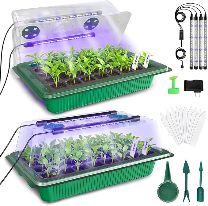 MQUPIN 80-Cell Seed Starter Tray with Grow Light 2-Pack Adjustable Brightness Seed Starter Kit with Humidity DomeSmart TimerWatering SprayerSeederPlant Germination Kit for Seeds Growing