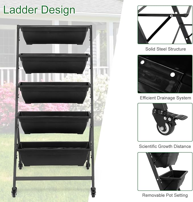 Vasitelan Vertical Raised Garden Bed 5 Tiers Vertical Raised Garden Planter Garden Raised Bed with 4 Wheels Vegetable Flower Planter Raised Stand for Garden Patio Yard Black