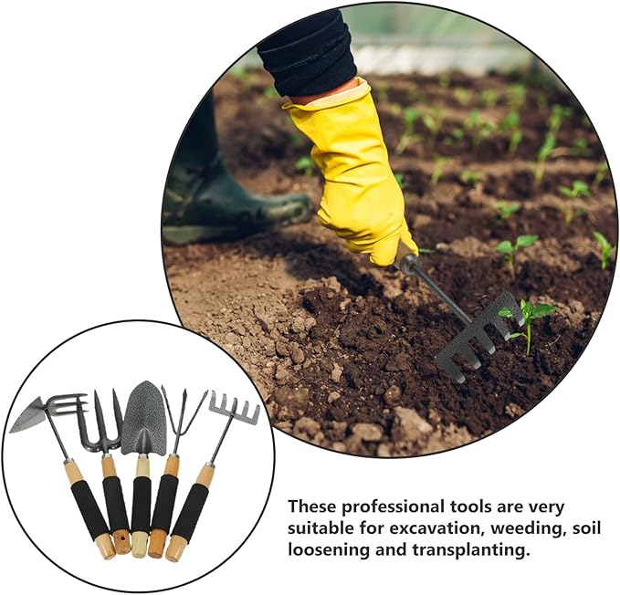 Garden Tool Set with Shovel and 5-Tooth Rake Ergonomic Hand Tools for Gardening and Planting for Lawn and Flower Bed Maintenance