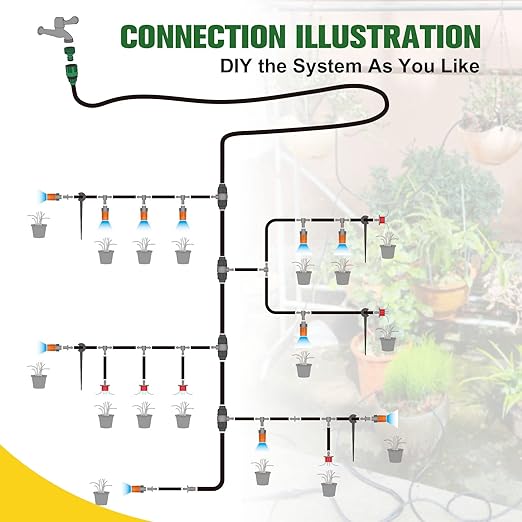EAGLE PEAK 131 ft Automatic Drip Irrigation Kits DIY 1/4 Distribution Tubing Hose Adjustable Nozzle for Lawn Greenhouse Raised Bed Patio