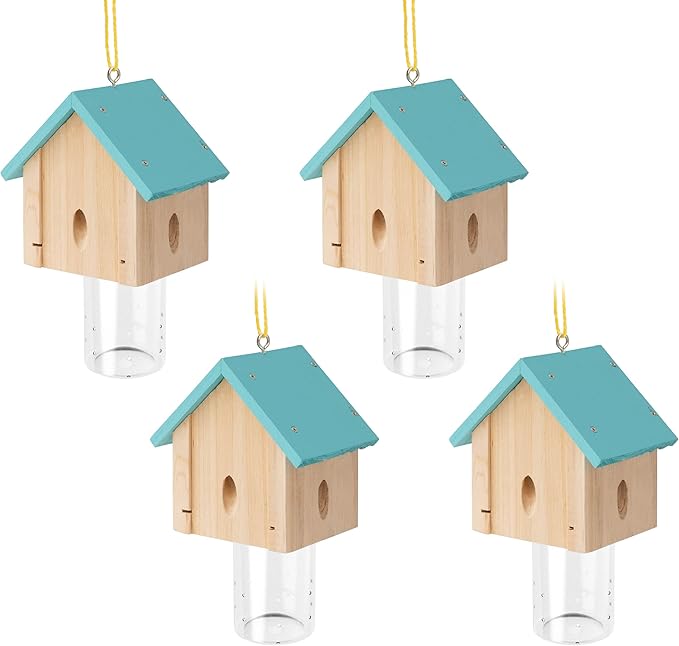 Carpenter Bee Trap for Outside - Best Bee Trap - Blue Cabin Style Nature Hanging Wood Carpenter Bee Traps Outdoor - Insect Traps with Removable Vault (4 Pack)