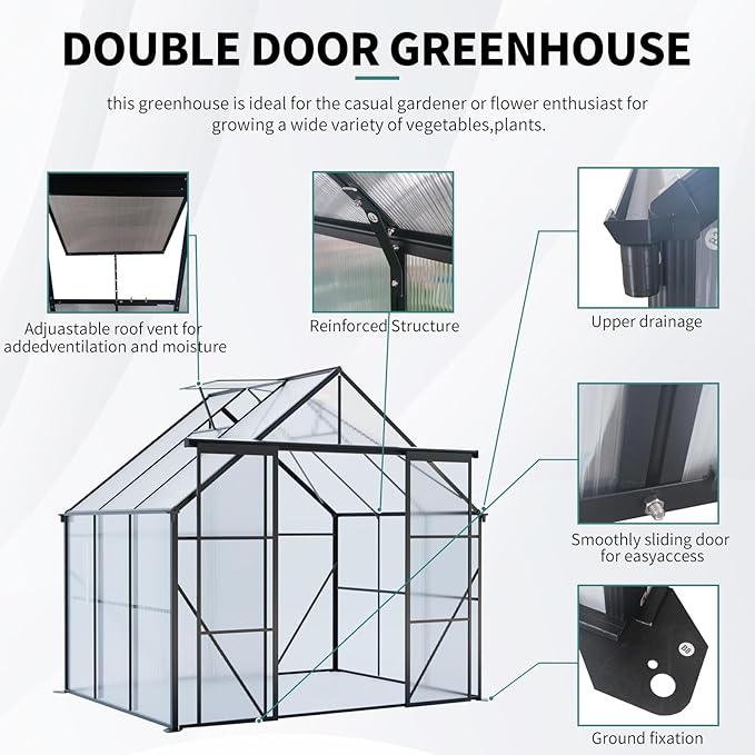 8x6 Greenhouse for Outdoor with Double Door and Adjustable Roof Walk-in Polycarbonate Gardening Green House with Raised Base and Anchor Drainage System for Backyard Lawn Black