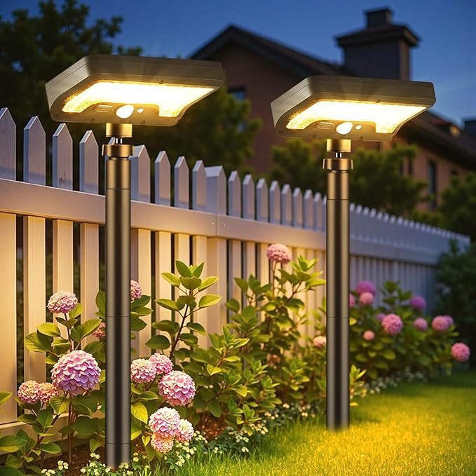 Solar Walkway Lights Outdoor 92 LEDs Motion Sensor Outdoor Lights600Lumen Brighter Solar Pathway Light with Adjustable Angle for Garden Yard Walkway(Warm White 2 Pack)