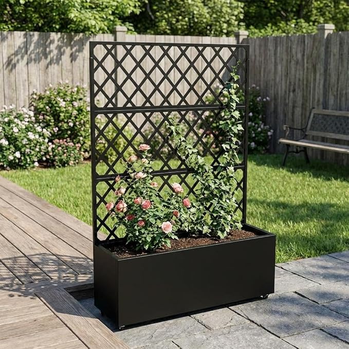 71x46x16 Inch Large Steel Raised Garden Bed Mobile Planter Box with Trellis and Privacy Screen Lockable Casters &amp Drainage Holes Outdoor Vegetable Garden for Vines Flowers Patio Deck Balcony