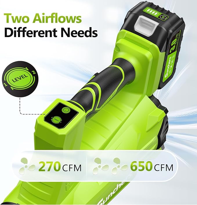 Electric Leaf Blower Cordless with 2 3.0Ah Battery and Charger 2 Speed Mode 650CFM 280MPH Patio Tools with 2 Tubes 20V Battery Powered Leaf Cleaner Handheld Blowers for Lawn Care Dust Leaves Yard