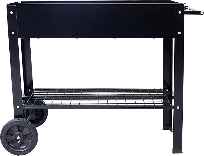 Products Elevated Mobile Raised Ergonomic Metal Planter Garden Bed for Backyard Patio wWheels Lower Shelf Black