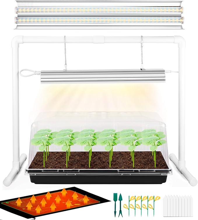 Seed Starter Tray with Grow Light and Heat Mat 8'' Humidity Dome 1020 Plant Starter Trays Seed Starter Kit Grow Light Stand for Seed Starting &amp Seedling Growing Height Adjustable