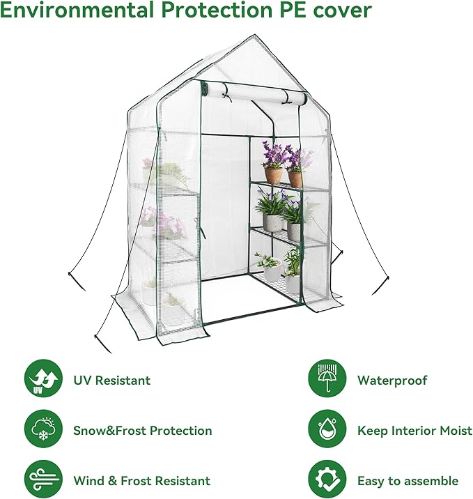 Heyfurni Walk in Greenhouse with 3 Tier 6 Shelves2 More Bottom Shelves Reinforced Plant House Growhouse/Green House for OutdoorPE Cover 143x73x195cm
