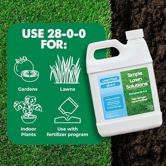 Maximum Green &amp Growth- High Nitrogen 28-0-0 NPK- Lawn Food Quality Liquid Fertilizer- Spring &amp Summer- Any Grass Type- Simple Lawn Solutions - Concentrated Quick &amp Slow Release Blend (1 Q