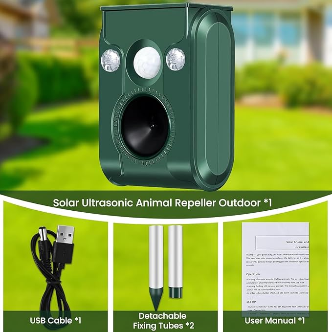 Cat Repellent Outdoor 2 Pack Solar Animal Repeller Ultrasonic with Motion Sensor and Flashing Light - Waterproof Skunk Deer Bird Raccoon Squirrel Cat Deterrent for Yard Garden Farm