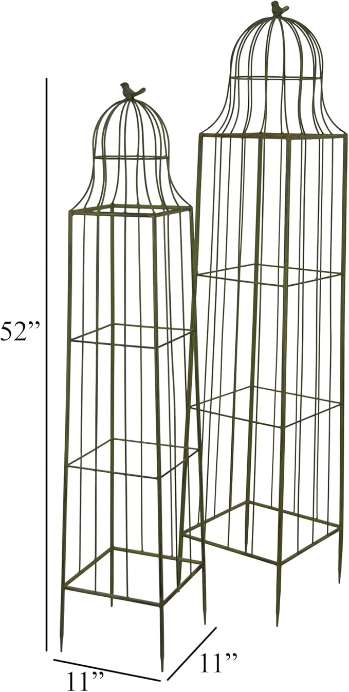 Benjara Meryl Plant Trellis Set of 2- Garden Tall Cage Design- Green Metal