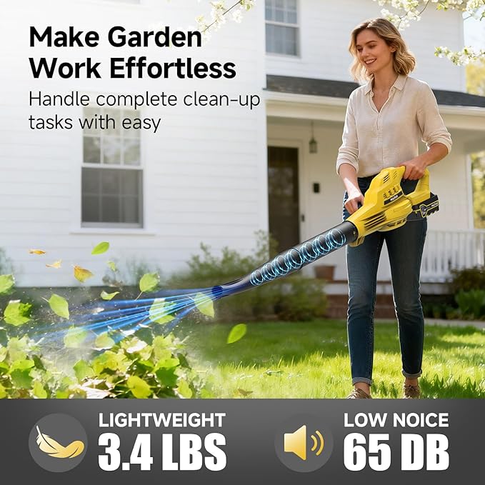 Leaf Blower Cordless with 2X 4.0Ah Batteries and Charger 150MPH Lightweight Cordless Blower 3 Speeds Small Electric Leaf Blowers for Lawn Care Patio Yard Leaves Grass Dust (Yellow)