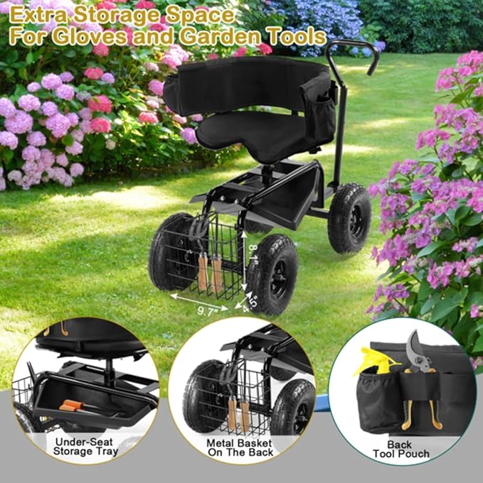 Rolling Garden Cart with Cushioned Backrest &amp Seat Outdoor Gardening Stool for Planting Garden Scooter with 360 Degree Swivel Seat &amp Steering Handle &amp Tool Tray (BackRest Seat+Handle Bla