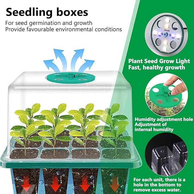 payanwin 6-Pack Seed Starter Tray Kit with Grow Light Adjustable Brightness &amp Timing Controller Seedling Trays with Humidity Domes &amp Heightened Lids Thicken Design Ideal for Indoor Plant G