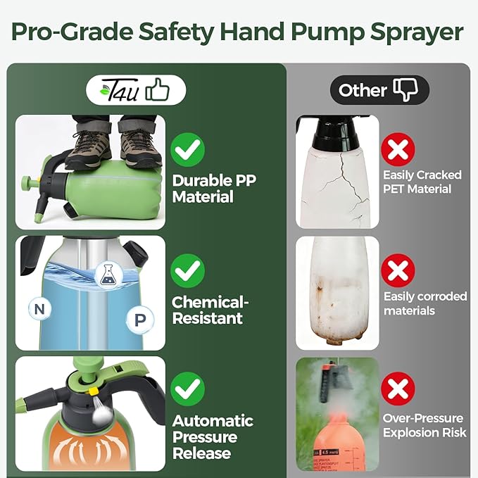 T4U Pump Sprayer 1/2 Gallon PP Hand Pump Pressure Sprayer for Home Garden Plant Care and Household Cleaning with Built-in Measuring Cup &amp Adjustable Nozzle Suitable for Fertilizers &amp Common