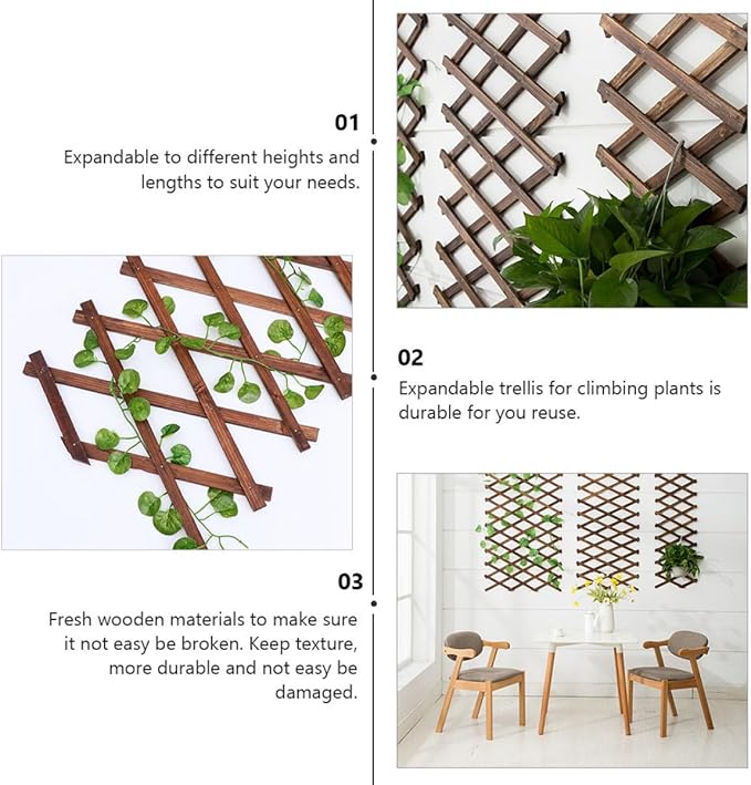 Expandable Carbonized Wood Garden Trellis 44cm X 22cm Vine Support Fence for Climbing Plants Outdoor Patio Wooden Willow Fence with 0.9cm Thickened Frame for Garden and Balcony
