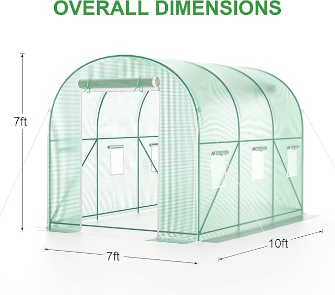 10x7x7 Walk-in Greenhouse with Watering System Heavy Duty Green House for Outdoors Portable Green Houses for Outside Winter Hot House with Metal Frame &amp Roll-up Zipper Door Screen Windows