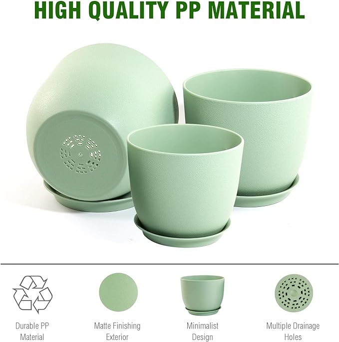 12/10/9 Large Modern Plant Pots Plastic Planters with Drainage Holes and Saucers for Indoor Outdoor Plants Flowers Green