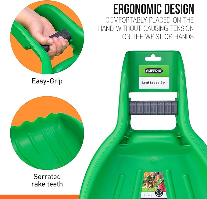 Child-Size Leaf Collector &amp Rake Set – Garden Leaf Scoops and Lawn Cleaning Tools for Kids Includes 1 Rake and 1 Pair of Leaf Grabbers Green Plastic – by Superio